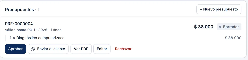 Presupuesto en IntegraTaller con los botones Aprobar, Enviar al cliente por WhatsApp y Ver PDF